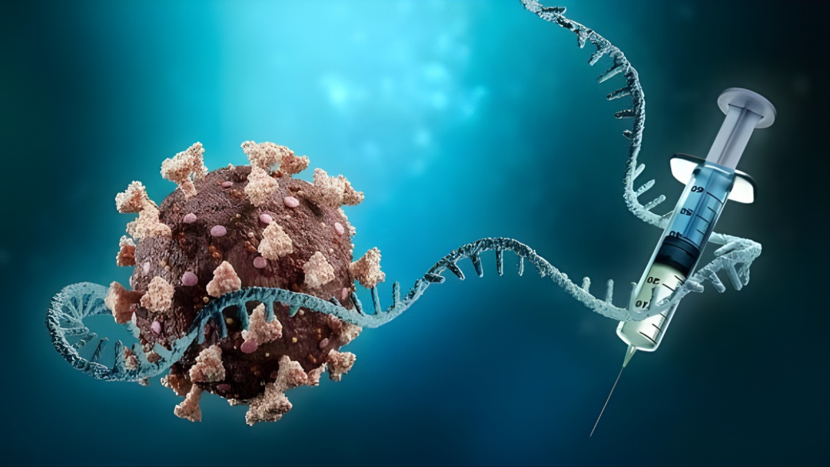 mRNA strand connecting to virus and syringe representing genetic therapy