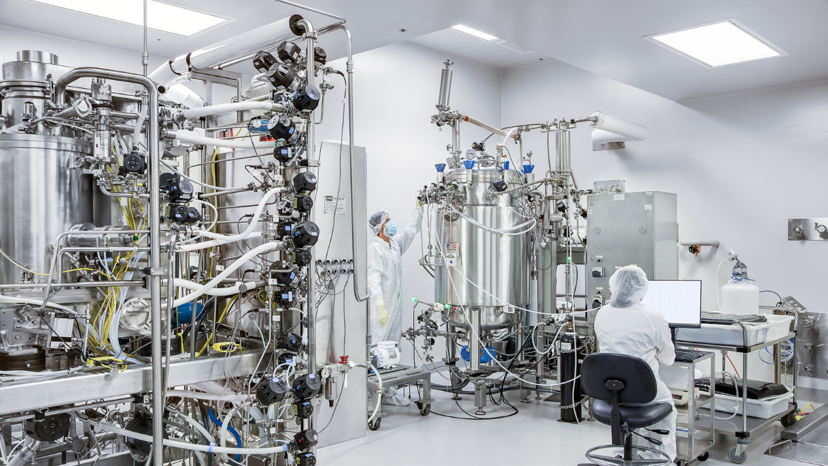 Technicians working in an mRNA bioprocessing lab with stainless steel bioreactors.