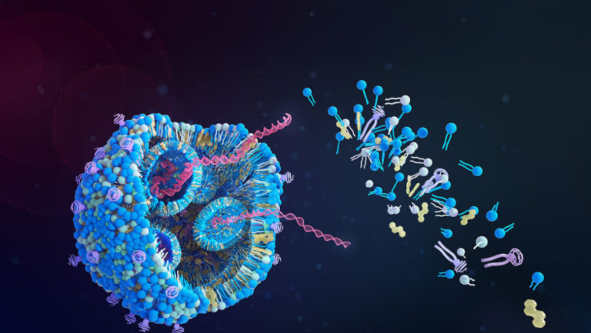 3D illustration of an mRNA lipid nanoparticle releasing RNA strands into surrounding molecules.