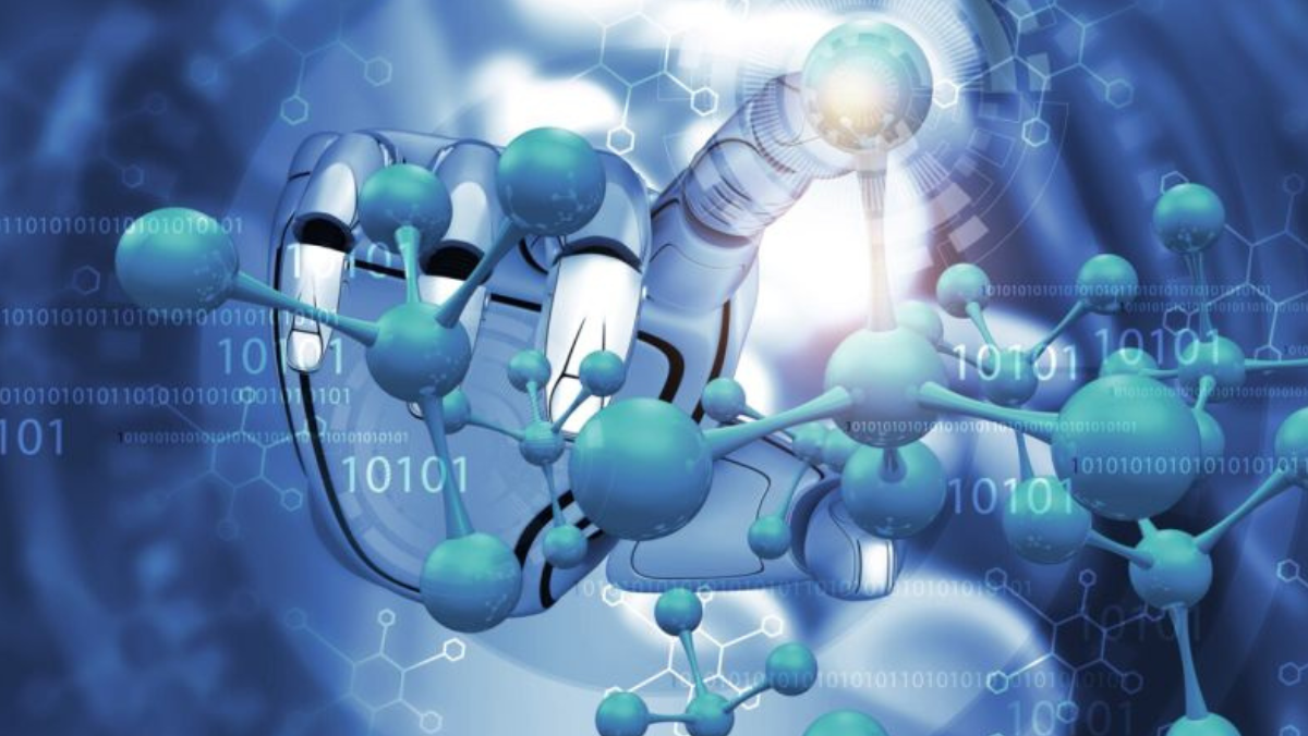 Robotic hand interacting with molecular structures symbolizing AI-driven mRNA design.