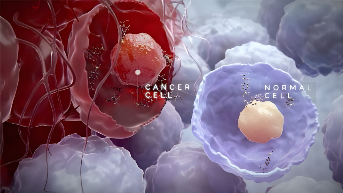 Cancer and healthy cell illustration highlighting targets for emerging mRNA cancer therapies