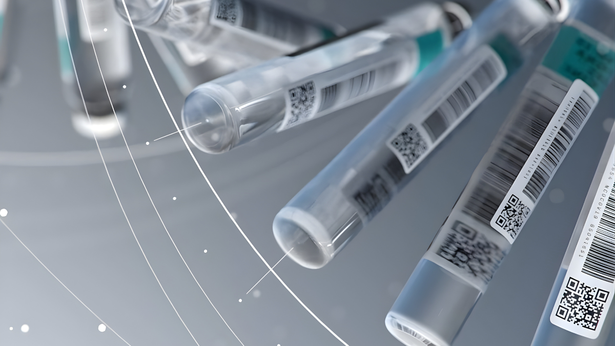 Close-up of mRNA sample tubes with barcodes inside a biomedical lab.