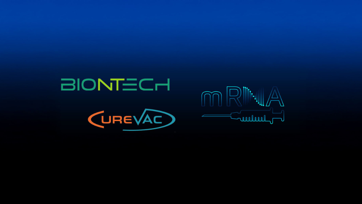 BioNTech and CureVac logos displayed with mRNA syringe graphic on blue gradient background