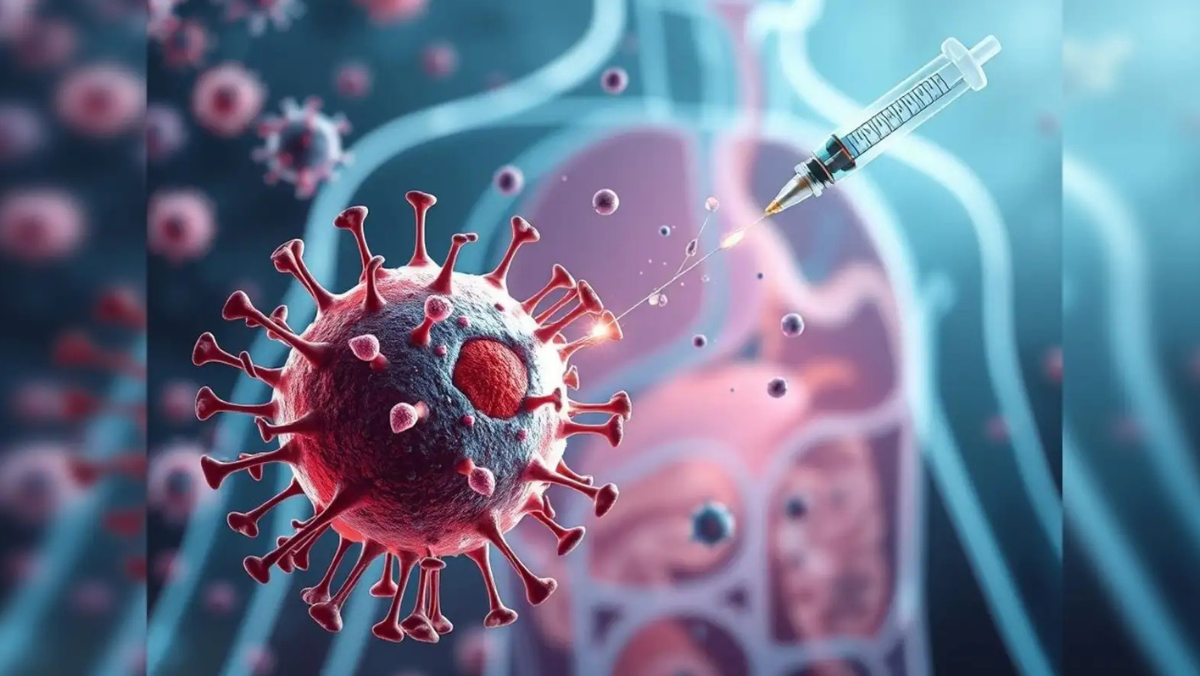 Illustration of syringe targeting virus cell, symbolizing mRNA cancer vaccine research