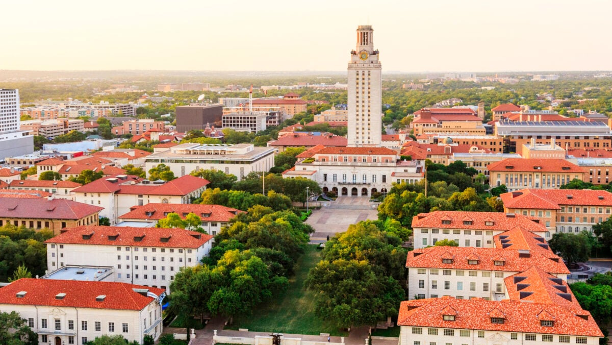 Aerial view of the University of Texas campus where new AI mRNA research was developed.