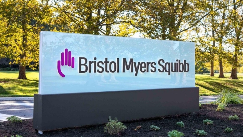 Bristol Myers Squibb corporate sign outside company campus