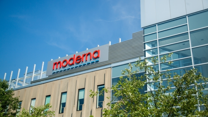 Exterior of Moderna facility displaying company logo