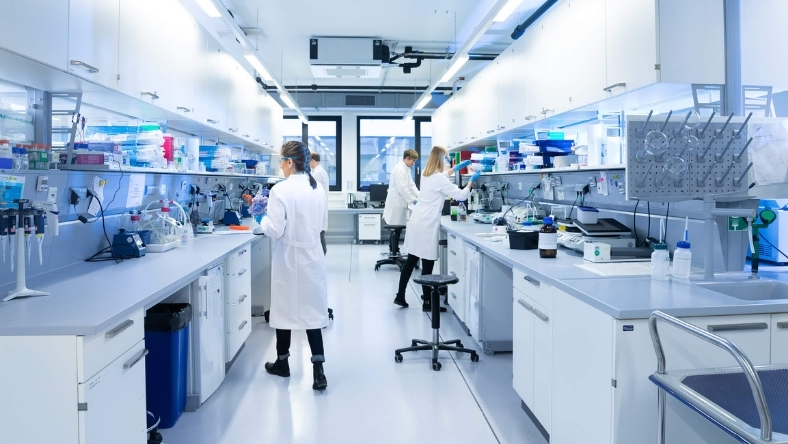 Scientists working in laboratory developing RNA delivery technologies